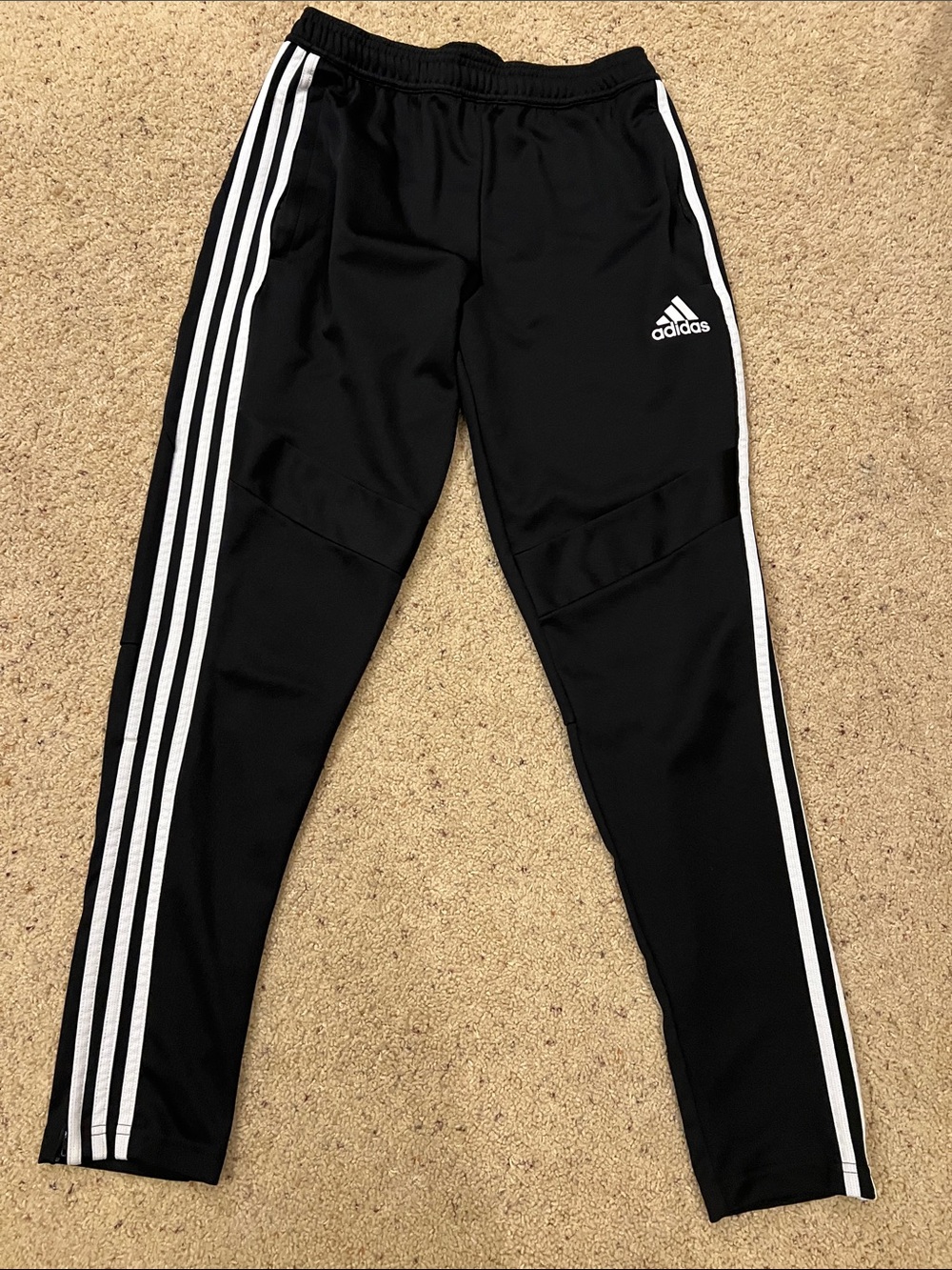 adidas Black Jogger Sweatpants with White Three-Stripes and zip leg opening
